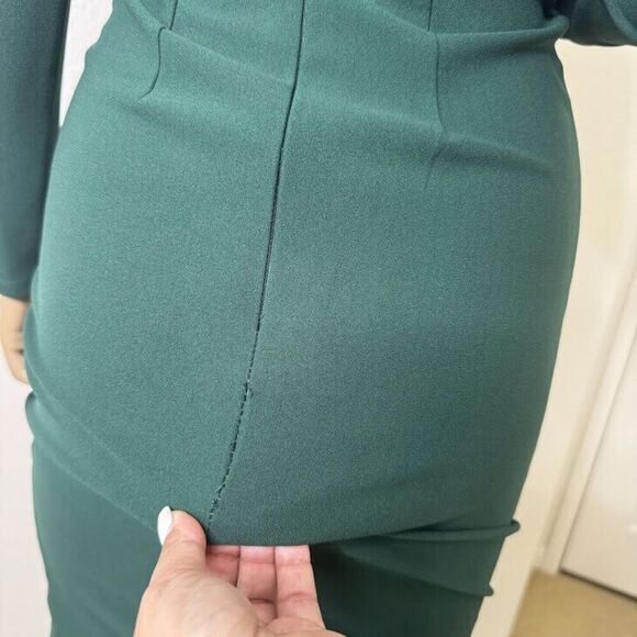 Hello Molly Midi Dress XS Green Too Epic Long Sleeve Fitted Twist Front Slit - Picture 12 of 15